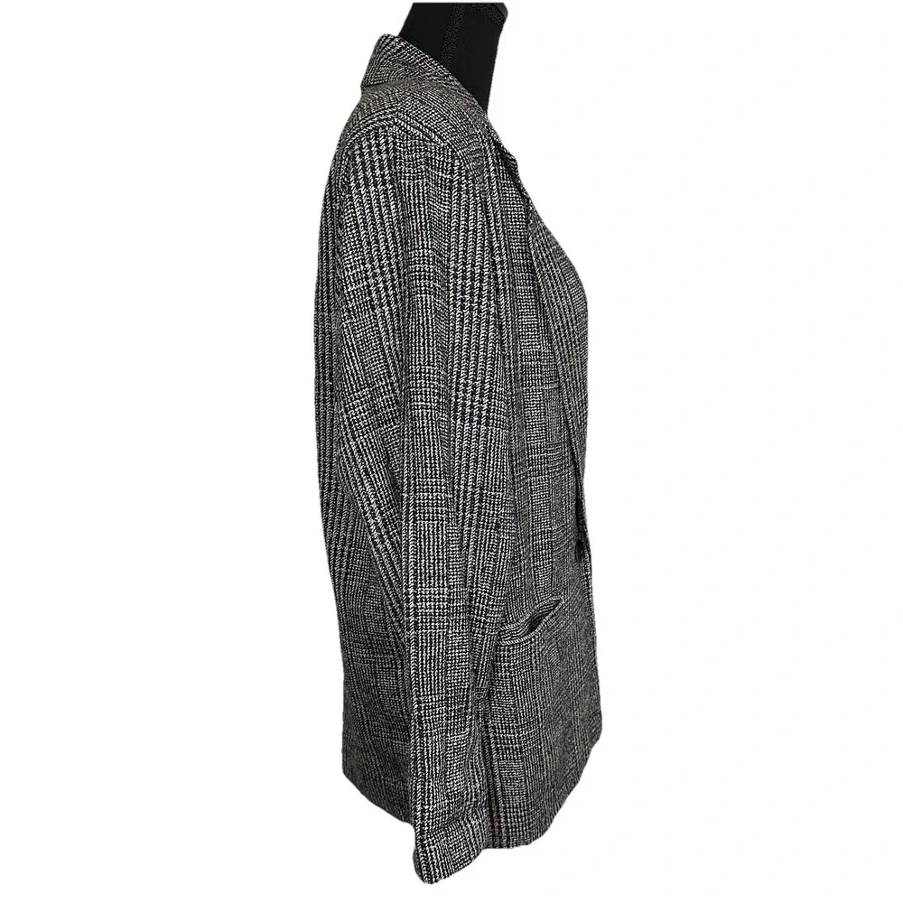VTG Adolfo International Women 100% Silk Oversized Glen Plaid Gray Blazer‎ SMALL